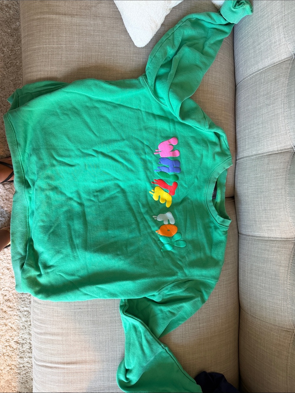 White Fox Boutique Green Crewneck Sweatshirt with Multicolor Puff Letters